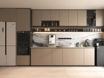 Modern Pantry Interior With Cabinets Refrigerator Coffee Machine And Marble Countertop 3d model