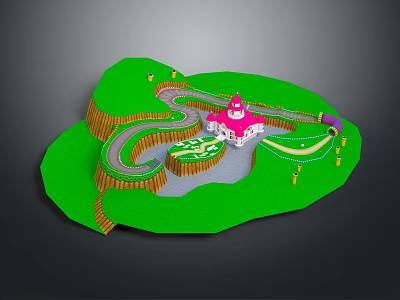 Mini Toy Car Driving On Winding Road Near Pink Castle And Green Lawn 3d model