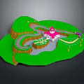 Mini Toy Car Driving On Winding Road Near Pink Castle And Green Lawn
