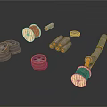 Wooden Spools And Metal Cylinders In Various Sizes Stacked On White Background