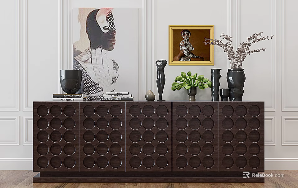 Dark Brown Console Cabinet with Circular Cutout Design and Decorative Vases Sculpture Green Plant 3d model 