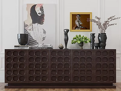 Dark Brown Console Cabinet with Circular Cutout Design and Decorative Vases Sculpture Green Plant 3d model