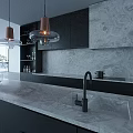 Modern Kitchen Interior With Black Cabinets Marble Countertop And Copper Pendant Lights