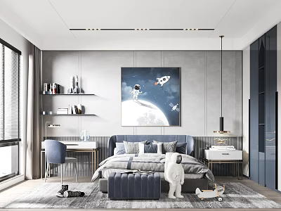 Modern Kids Room Interior with Astronaut Moon Painting Cozy Bed Study Desk and Playful Toys 3d model