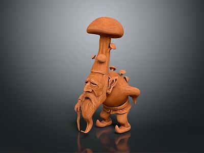 Detailed Handmade Wooden Sculpture Carving of Mythical Dwarf with Mushroom Head and Long Beard 3d model
