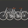 Two White Bicycles With Red Seats Handlebars And Front Basket On Gray Background