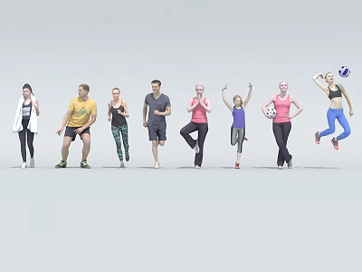 Multiple People Exercising In Various Poses Including Running Stretching And Jumping 3d model