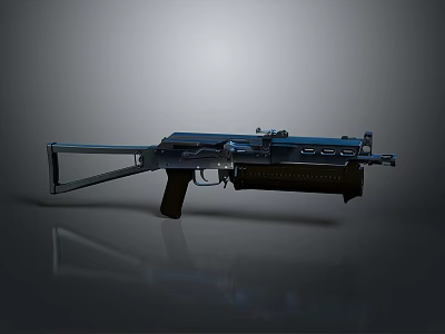 Modern Black Metal Machine Gun With Long Barrel Magazine And Stock Isolated On Gray Background 3d model