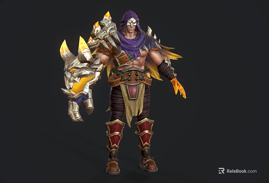 Armored Fantasy Character With Purple Scarf Golden Beast Weapon Winged Shoulders And Red Leg Guards 3d model 