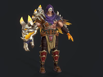 Armored Fantasy Character With Purple Scarf Golden Beast Weapon Winged Shoulders And Red Leg Guards 3d model