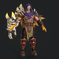 Armored Fantasy Character With Purple Scarf Golden Beast Weapon Winged Shoulders And Red Leg Guards