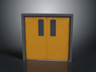 Yellow Building Double Doors With Gray Frame And Two Rectangular Glass Panels 3d model