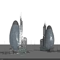 Cartoon Scene Featuring Two Large Oval Buildings With Metal Structures Antennas And Support Structures 3d model