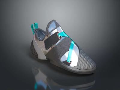 Gray And Silver Casual Sneakers With Turquoise Laces And Textured Upper 3d model