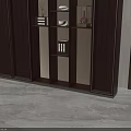 Chinese Style Dark Wood Decorative Cabinet With Layered Shelves Ornaments Lighting And Carved Lattice Panels