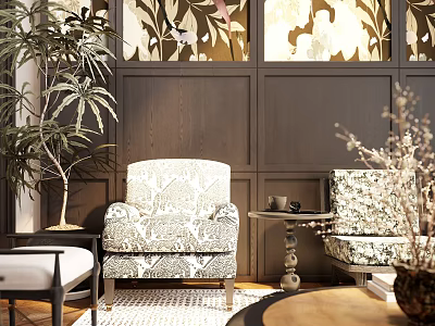 Elegant Patterned Single Sofa In Living Room With Dark Wooden Wall And Potted Plant 3d model
