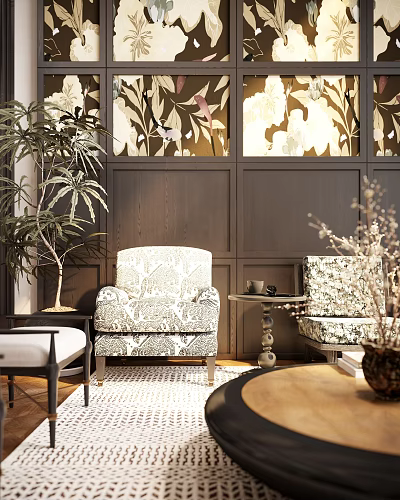 Elegant Patterned Single Sofa In Living Room With Dark Wooden Wall And Potted Plant 3d model