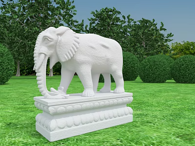 White Reptile Sculpture Displayed On Green Lawn Surrounded By Trees And Bushes 3d model