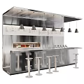 Modern Stainless Steel Bar Interior With Conical Pendant Lights Bottles And Bar Stools