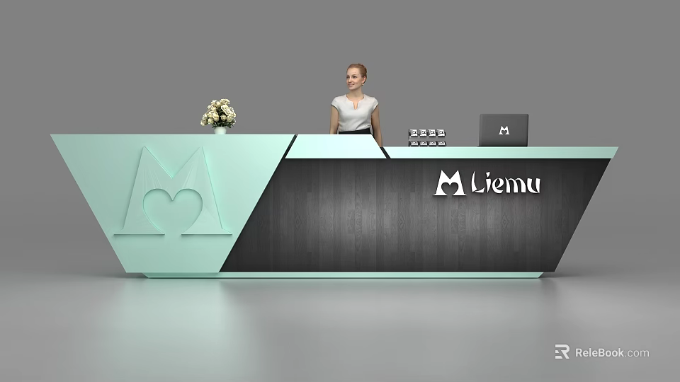 Light Green Dark Gray Reception Desk With Heart Shaped Design Liemu Logo Laptop And Flowers 3d model 