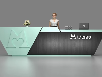Light Green Dark Gray Reception Desk With Heart Shaped Design Liemu Logo Laptop And Flowers 3d model