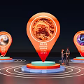 Interactive Art Installation With Orange Pin Markers Vibrant Cosmic Images Circular Lines And Viewing Platforms