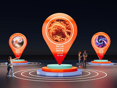 Interactive Art Installation With Orange Pin Markers Vibrant Cosmic Images Circular Lines And Viewing Platforms 3d model