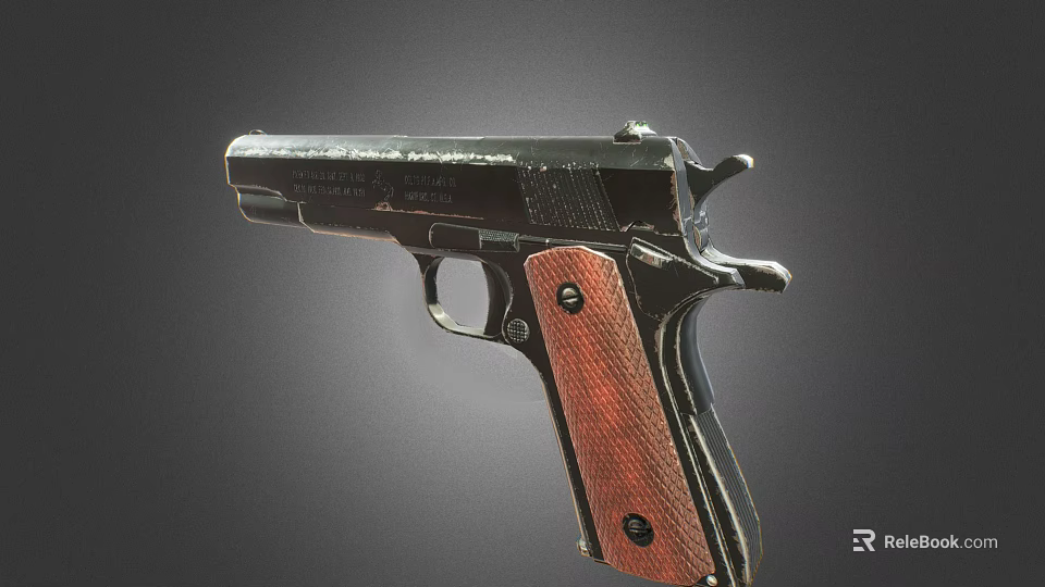 Classic Black Pistol With Wooden Textured Grip And Metallic Body Design Details 3d model 