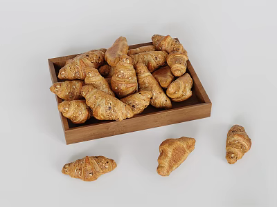 Freshly Baked Croissants in Wooden Tray with Some Scattered Around 3d model