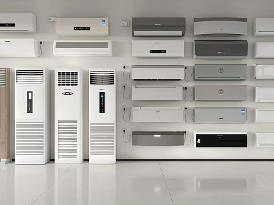 Different Models of Air Conditioners and Fans Displayed in Modern Showroom 3d model