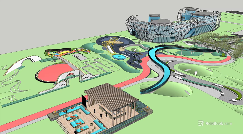Modern Garden Landscape Design With Winding Paths Water Features And Green Lawns 3d model 