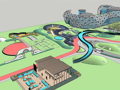 Modern Garden Landscape Design With Winding Paths Water Features And Green Lawns 3d model