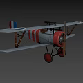 Vintage Biplane Fighter Plane with Red Propeller Red and White Striped Fuselage and Red Wheels