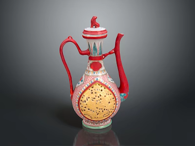 Traditional Ceramic Ewer with Red White Body Intricate Blue Gold Patterns and Pierced Design 3d model