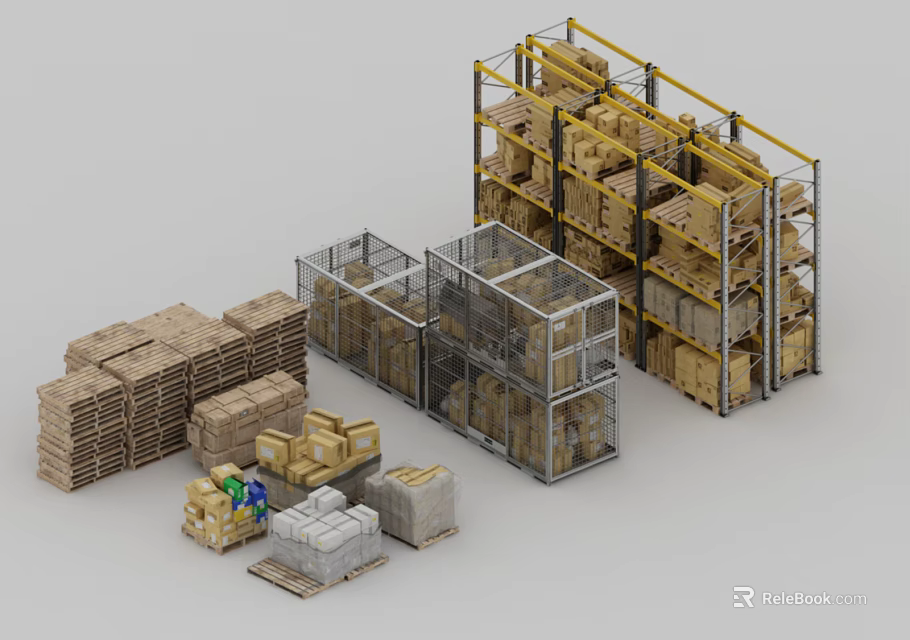 Industrial Storage Racks with Stacked Cardboard Boxes Pallets And Metal Frames 3d model 