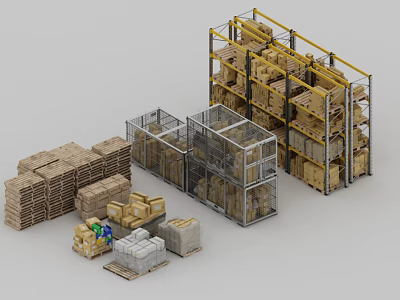 Industrial Storage Racks with Stacked Cardboard Boxes Pallets And Metal Frames 3d model
