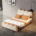 Double Bed With Scalloped Beige Headboard Wooden Frame Orange Pillows And Black White Wall Art Green Plant Bright Light