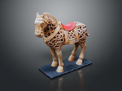 Wooden Carved Horse Statue with Intricate Patterns Red Saddle and Black Base 3d model
