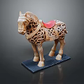 Wooden Carved Horse Statue with Intricate Patterns Red Saddle and Black Base