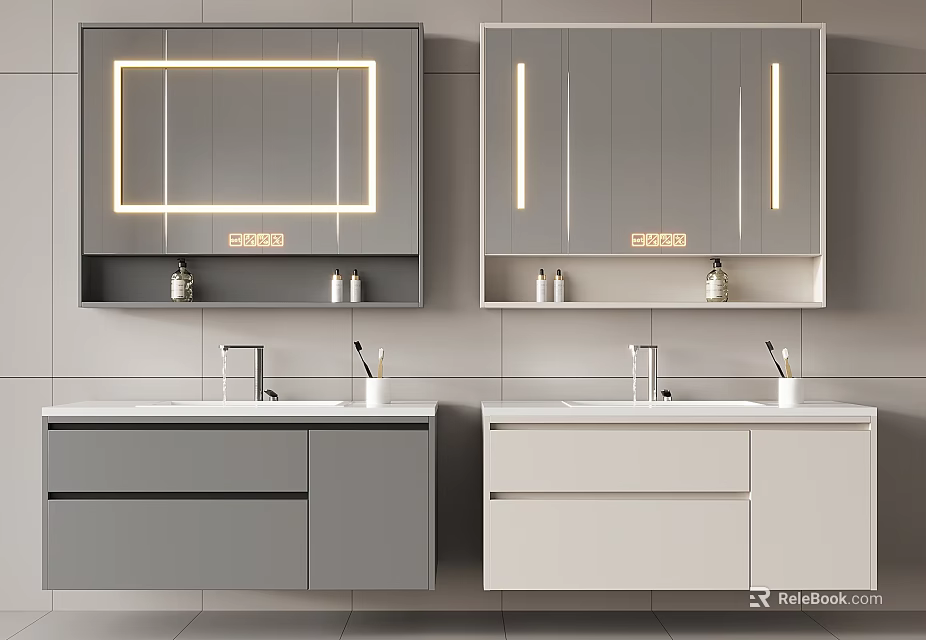 Modern Bathroom Vanity With Mirrors Lights And Gray White Cabinets Design 3d model