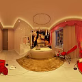 Elegant Hotel Guest Room With Bed Red Chair Bench Chandelier Curtains Carpet And Wall Artwork
