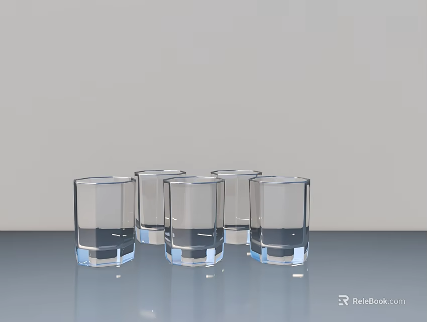 Display Shelves With Transparent Glass Cups Arranged On Gray Background 3d model 