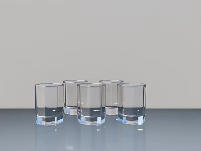 Display Shelves With Transparent Glass Cups Arranged On Gray Background 3d model