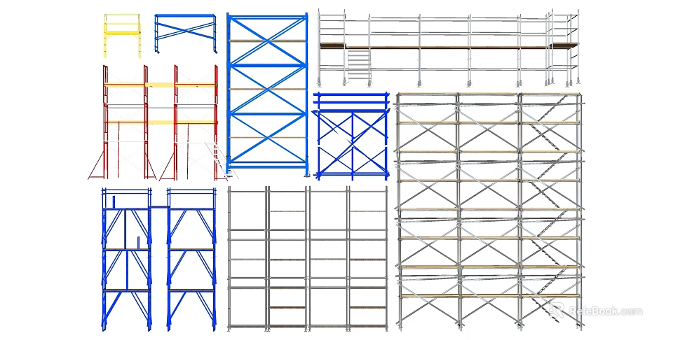Various Types of Construction Scaffolding With Metal Frames and Platforms 3d model 