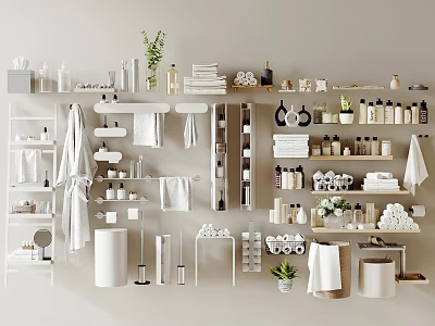Washing Daily Essentials Display In Bathroom With Shelves Towels Bottles And Plants 3d model
