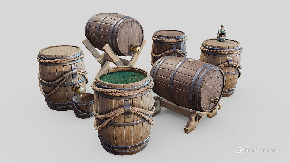 Wooden Barrels Collection Featuring Various Sizes Rope Bindings Green Interior And Stands 3d model 