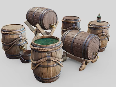 Wooden Barrels Collection Featuring Various Sizes Rope Bindings Green Interior And Stands 3d model