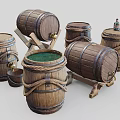 Wooden Barrels Collection Featuring Various Sizes Rope Bindings Green Interior And Stands