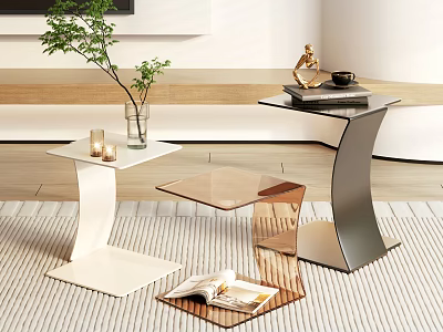 Modern Side Tables With Metal Frame Glass Top And Decorative Plant Books Candles 3d model