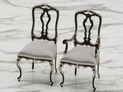 Vintage Accent Chairs With Carved Backrests Gray Upholstered Seats Curved Legs On Marble Floor 3d model
